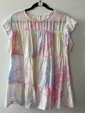 ODDY Womens Multicolor Flutter Sleeve Tie Dye Preppy Tiered Blouse Top Size S/M
